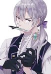  black_gloves bow dagger fire_emblem fire_emblem_if gloves grey_hair hair_bow highres joker_(fire_emblem_if) low_ponytail male_focus mouth_hold purple_eyes shioha simple_background solo teeth upper_body weapon white_background 