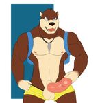  anthro backpack balls banjo-kazooie banjo_(banjo-kazooie) bear clothed clothing erection front_view humanoid_penis looking_at_viewer mammal muscular naughty_face nipples open_mouth pants_down partially_clothed pecs pendant penis retracted_foreskin seyrmo shorts smile standing tight_clothing topless uncut video_games 