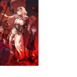  3girls archer armor armored_dress banner black_hair blonde_hair blue_eyes blue_hair bow bowtie braid breasts caster_(fate/zero) commentary craft_essence crossed_arms dress fate/grand_order fate_(series) fine_art_parody fire floating_hair grey_bow hans_christian_andersen_(fate) holding holding_weapon jeanne_d'arc_(fate) jeanne_d'arc_(fate)_(all) large_breasts liberty_leading_the_people long_hair looking_up multiple_girls official_art olga_marie_animusphere open_mouth pako parody silver_hair very_long_hair weapon white_dress 