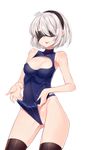  artist_name ass_visible_through_thighs bad_id bad_pixiv_id bangs black_legwear blindfold blue_swimsuit breasts character_name cleavage_cutout clothes_writing covered_navel covered_nipples goyain hairband highres medium_breasts mole mole_under_mouth nier_(series) nier_automata one-piece_swimsuit school_swimsuit self_wedgie solo swimsuit thighhighs tongue tongue_out white_background white_hair yorha_no._2_type_b 