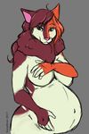  2017 anthro belly big_belly big_breasts breasts covering english_text feline female fur green_eyes grey_background hair hand_on_stomach horsefever lilith_(azria) long_hair looking_at_viewer mammal navel nude pregnant red_fur red_hair signature simple_background sketch smile solo tan_fur text tuft 