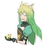  1girl ahoge animal_ears apple archer_of_red belt blush braid cat_ears dress eyes_closed fate/apocrypha fate_(series) gloves green_hair long_hair multicolored_hair open_mouth 
