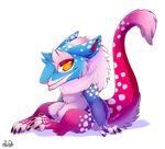  2017 alpha_channel ambiguous_gender baby big_eyes blue_fur claws cute english_text fluffy fur hi_res looking_at_viewer nude orange_eyes pink_fur purple_fur re-re red_fur sergal signature solo tail_tuft text toe_claws tuft white_fur young 
