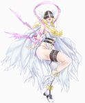  1girl angel_wings angewomon asymmetrical_clothes bare_shoulders belt blonde_hair boots breasts cleavage digimon digimon_adventure full_body gloves head_wings heels helmet highres large_breasts long_hair multiple_wings navel open_mouth ribbon simple_background smile solo thigh_strap wings 