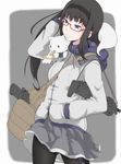  akemi_homura ass_visible_through_thighs bag between_breasts black_hair breasts glasses grumpy gun h&amp;k_mp7 hand_in_pocket handgun headband heckler_&amp;_koch hood hoodie ina_(gokihoihoi) kyubey long_hair mahou_shoujo_madoka_magica panties panty_peek pantyhose pantyshot pistol red-framed_eyewear skirt strap_cleavage submachine_gun underwear upskirt weapon white_panties 