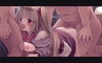  1girl 2boys ass blonde_hair blush bottomless bowtie breasts breasts_outside crying doggystyle irrumatio multiple_boys munipoyo navel nipples oral original penis red_eyes sex tears twintails vaulting_horse 