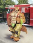  anthro biceps bulge canine firefighter firefighter_uniform male mammal muscular muscular_male wolf 