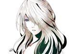  android blue_eyes character_name collarbone expressionless eyelashes face hair_over_eyes lips long_hair nier_(series) nier_automata pale_skin parted_lips ruka_(blueplus84) simple_background solo white_background white_hair yorha_type_a_no._2 