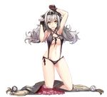  animal_ears arm_up armpits bad_id bad_pixiv_id bangs bikini black_bikini black_gloves breasts cleavage commentary_request copyright_request eyebrows_visible_through_hair full_body gloves grey_hair hair_between_eyes hair_ornament hand_up highres kneeling long_hair looking_at_viewer medium_breasts navel open_mouth pleated_skirt purple_skirt revealing_clothes rods simple_background skirt skirt_around_one_leg smile solo swimsuit teeth underboob white_background yellow_eyes 