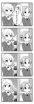  4koma bangs bow braid catchphrase closed_mouth comic commentary cup darjeeling dress_shirt emblem fourth_wall girls_und_panzer greyscale hair_bow highres holding long_sleeves looking_at_viewer masara monochrome multiple_girls necktie open_mouth orange_pekoe parted_bangs portrait school_uniform shirt short_hair sitting smile st._gloriana's_(emblem) st._gloriana's_school_uniform sweater teacup tied_hair translated twin_braids v-neck 