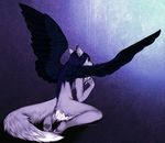  angiewolf anthro blue_eyes blue_feathers blue_hair canine feathered_wings feathers female fur grey_fur hair kneeling mammal solo wings 