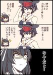  2girls 3koma :3 arm_up asymmetrical_hair bare_shoulders black_hair brown_eyes comic commentary hair_between_eyes hair_ornament hat headgear headphones highres i-14_(kantai_collection) kantai_collection kuon_(nokokopopo) looking_at_viewer multiple_girls nontraditional_miko one_eye_closed open_mouth partially_translated red_eyes sailor_collar salute school_swimsuit short_hair swimsuit translation_request yamashiro_(kantai_collection) 