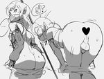  1boy anus_peek ass back bangs bare_shoulders bent_over censored circlet commentary covered_nipples crop_top detached_sleeves elbow_gloves gerudo_link gloves greyscale heart heart_censor leaning_forward link long_hair looking_away looking_back looking_to_the_side low_ponytail male_focus monochrome motion_lines ok_sign otoko_no_ko pants pants_pull parted_bangs penis pointy_ears ponytail silver_background simple_background sketch solo spazkid speech_bubble spoken_ellipsis standing sweat testicles the_legend_of_zelda the_legend_of_zelda:_breath_of_the_wild tsurime veil 