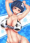  1girl aqua_eyes arms_behind_head arms_up bikini blue_hair blush breasts character_request cow_print curvy hair_ornament large_breasts looking_at_viewer open_mouth ponpo senran_kagura short_hair smile solo swimsuit tagme wet wide_hips 