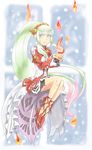  1girl aqua_eyes breasts crown dress fire grey_hair lailah_(tales) multicolored_hair ponytail shoes smile tales_of_(series) tales_of_zestiria very_long_hair 