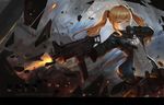  absurdres ammunition_pouch arm_belt arm_strap bangs belt black_ribbon blonde_hair brown_legwear buttons character_name clenched_teeth copyright_name cowboy_shot dress_shirt explosion explosive finger_on_trigger firing girls_frontline gloves green_gloves green_jacket green_skirt grenade gun h&amp;k_ump h&amp;k_ump9 hair_ornament hairclip hand_to_own_mouth hands_up heckler_&amp;_koch highres holding holding_gun holding_weapon hood hooded_jacket hoodie jacket long_hair long_sleeves muzzle_flash neck_ribbon open_clothes open_hoodie open_jacket pantyhose pleated_skirt pouch ribbon scarf shards shell_casing shirt skirt smoke solo standing strap submachine_gun suppressor teeth twintails ump9_(girls_frontline) weapon white_shirt xiaoxiao yellow_eyes 