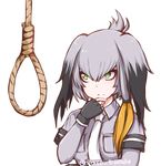  black_gloves black_hair breasts chin_grab collared_shirt commentary disco_brando eyebrows_visible_through_hair fingerless_gloves gloves green_eyes grey_hair hair_between_eyes kemono_friends long_hair low_ponytail man_looking_at_noose_(meme) medium_breasts meme multicolored_hair necktie noose rope serious shirt shoebill_(kemono_friends) side_ponytail solo transparent_background tsurime twintails twitter_username two-tone_hair upper_body white_neckwear 