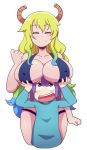  1boy 1girl age_difference angeliccmadness bare_arms bikini blonde_hair blue_hair blush breast_rest breasts breasts_on_head closed_mouth collarbone dragon_horns erect_nipples eyebrows_visible_through_hair eyes_closed gradient_hair green_hair hair_between_eyes horns huge_breasts kobayashi-san_chi_no_maidragon long_hair long_sleeves magatsuchi_shouta multicolored_hair open_mouth purple_eyes purple_hair quetzalcoatl_(maidragon) shirt simple_background smile swimsuit upper_teeth white_background 