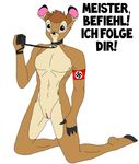  armband bambi bambi_(film) black_nose brown_eyes brown_fur brown_hair cervine collar cuntboy deer disney fur german_text girly hair hooves intersex leash mammal nazi nude pussy smile solo submissive swastika text vanderhirsche 