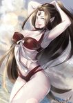  adjusting_hair black_hair breasts center_part cloud dutch_angle gem halterneck hikarusorano large_breasts lips long_hair looking_at_viewer pale_skin pink_lips smile solo swimsuit thighs thunderbolt_fantasy twitter_username very_long_hair water xing_hai 