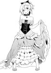  :p bare_shoulders bow commentary_request dress dress_lift elbow_gloves felt_(re:zero) frills gem gloves greyscale hair_bow head_tilt highres jewelry matsuse_daichi monochrome re:zero_kara_hajimeru_isekai_seikatsu shoes short_hair simple_background solo tongue tongue_out white_background 