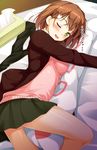  ;d bangs bed_sheet blazer blush brown_hair commentary dakimakura_(object) eyebrows_visible_through_hair green_eyes green_skirt hair_ornament hairclip highres imouto-chan_to_taka-kun jacket looking_at_viewer lying miniskirt on_bed on_side one_eye_closed open_blazer open_clothes open_jacket open_mouth original pantyhose pantyhose_removed pillow pillow_hug pleated_skirt school_uniform short_hair skirt smile solo sweater thighs tissue_box translated uzuki_hiro yes-no_pillow 