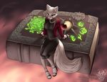  2017 abstract_background anthro book canine clothed clothing dress female footwear fur glowing_runes high_heels jacket jewelry mammal necklace shoes sitting solo vallhund white_fur 