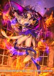  bat_wings boots breasts cleavage company_name demon_tail fire flower full_body gyakushuu_no_fantasica hair_flower hair_ornament highres horns jewelry large_breasts necklace official_art open_mouth purple_hair ryuki@maguro-ex solo staff tail thong window wings yellow_eyes 