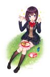  1girl :t ankkoyom artist_name bendy_straw black_footwear black_legwear black_skirt blazer blush_stickers bow bowtie bunny chopsticks collared_shirt drinking_straw eating flower food fork fried_egg full_body grass highres holding holding_chopsticks jacket juice_box kneehighs knees_together_feet_apart lettuce loafers looking_at_viewer lunch napkin original outdoors plaid plaid_skirt plate purple_hair red_bow red_neckwear rice school_uniform shiny shiny_hair shirt shoes short_hair simple_background sitting skirt solo spoon tomato unbuttoned uniform white_background white_flower white_shirt wing_collar 