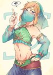  armpits bangs bare_shoulders blonde_hair blue_eyes blue_pants bridal_gauntlets circlet closed_mouth collarbone contrapposto cowboy_shot crop_top detached_sleeves eyebrows_visible_through_hair eyelashes fingernails frown gameplay_mechanics gerudo_link green_shirt groin hand_on_hip index_finger_raised link long_hair long_sleeves looking_at_viewer male_focus midriff navel otoko_no_ko pants parted_bangs pointy_ears pon_zooyaa see-through shiny shiny_skin shirt simple_background solo speech_bubble spoken_squiggle squiggle standing the_legend_of_zelda the_legend_of_zelda:_breath_of_the_wild tsurime veil yellow_background 
