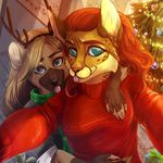  anthro canine christmas christmas_tree clothed clothing duo female holidays hug looking_at_viewer mammal selfie smile tongue tongue_out tree vako_edelveys 