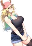  bangs bare_shoulders baseball_cap black_legwear blonde_hair breasts cleavage closed_mouth collarbone commentary cowboy_shot denim denim_shorts dragon_girl dragon_horns from_side gradient_hair green_eyes green_hair hammer_and_sickle hat heterochromia highres horns kobayashi-san_chi_no_maidragon large_breasts long_hair looking_at_viewer looking_to_the_side multicolored_hair norman_maggot quetzalcoatl_(maidragon) short_shorts shorts sidelocks smile solo tank_top thighhighs v_arms 