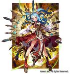  :o amaterasu_(valkyrie_connect) blue_hair blush braid breasts clog_sandals detached_sleeves dress floating_hair full_body hair_rings hand_on_hip legs_apart long_hair looking_at_viewer matsui_hiroaki official_art open_mouth pelvic_curtain red_dress red_eyes red_legwear small_breasts socks solo standing tabi v-shaped_eyebrows valkyrie_connect watermark 