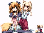  :d animal_ears bandaged_arm bandages bangs bell belt_collar between_legs black_bow black_legwear black_ribbon blonde_hair blue_eyes blush borrowed_character bow breasts cat cat_ears chiriko_(atlanta) cleavage closed_eyes closed_mouth collar collarbone commentary_request dress eyebrows_visible_through_hair eyes_visible_through_hair fang fox_ears frilled_bow frilled_sleeves frills full_body gradient_clothes gradient_dress hair_bell hair_between_eyes hair_bow hair_ornament hakama hand_between_legs hand_in_another's_hair japanese_clothes kneeling legs long_hair long_sleeves looking_at_another medium_breasts miko multicolored multicolored_clothes multicolored_dress multiple_girls nekojirou no_shoes nori_tamago open_mouth orange_hair original own_hands_together pixel_art red_eyes red_hakama ribbon shadow short_sleeves sidelocks simple_background sitting sleeping smile socks ten'inkou_korin thighhighs triangle_mouth two_side_up v-neck v_arms wariza white_background white_legwear zoom_layer 