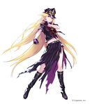  alternate_costume black_footwear blonde_hair boots cosplay delinquent eris_(shadowverse) fingerless_gloves full_body gloves hat hisakata_souji knee_boots navel red_eyes school_uniform shadowverse skirt torn_clothes torn_skirt yo-yo 