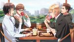 black_hair black_jacket blonde_hair blue_eyes breakfast brown_eyes brown_hair chair chocolate_doughnut coffee_mug collared_shirt cup disposable_cup doughnut drink drinking drinking_straw eating eye_contact final_fantasy final_fantasy_xv food french_cruller from_side gladiolus_amicitia hinoe_(dd_works) holding holding_food hood hood_down hoodie ignis_scientia indoors jacket jacket_removed long_sleeves looking_at_another male_focus mug multiple_boys necktie noctis_lucis_caelum old-fashioned_doughnut pastry prompto_argentum restaurant shirt signature sitting sprinkles striped striped_neckwear sweatband table teenage tray vest waistcoat white_shirt window 