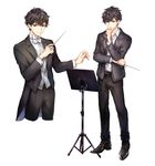  black_footwear black_hair blazer brown_eyes closed_mouth coattails conductor full_body hand_on_own_chin holding holding_wand jacket looking_at_viewer male_focus messy_hair multiple_views music original shirt shoes simple_background smile stand tuxedo wand white_background white_shirt yuli_(yulipo) 