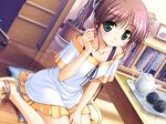  asagiri_mai august_soft blush book bookshelf brown_hair closed_mouth collarbone dress eyebrows_visible_through_hair green_eyes hair_ornament hair_ribbon looking_at_viewer ribbon short_dress sitting smile solo tea teapot wariza yoake_mae_yori_ruri_iro_na 