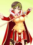  armor black_hair blush breasts cape closed_mouth commentary cowboy_shot crocea_mors fate/grand_order fate_(series) fur_trim genderswap genderswap_(mtf) green_eyes highres holding holding_sword holding_weapon julius_caesar_(fate/grand_order) large_breasts laurel_crown long_sleeves looking_at_viewer minazuki_(jo) necktie red_neckwear short_hair skirt smile solo sword weapon 