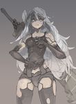  android armlet ass_visible_through_thighs blue_eyes breasts chain collarbone commentary elbow_gloves gloves grey_background hair_between_eyes highres huge_weapon karasu_raven katana long_hair mecha_musume medium_breasts mole mole_under_mouth nier_(series) nier_automata pale_skin shiny shiny_skin solo sword tank_top thighs weapon white_hair yorha_type_a_no._2 