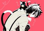  amamiya_ren animal_ears bad_id bad_pixiv_id black_hair blue_eyes cat cat_ears cat_tail chiki_(chikin_bone) looking_at_viewer male_focus persona persona_5 pink_background shuujin_academy_uniform smile solo tail 