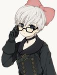  angel blue_eyes buttons choker commentary eyelashes glasses gloves hair_ribbon long_sleeves looking_at_viewer male_focus nier_(series) nier_automata pale_skin ribbon simple_background solo strap suke_(mo8460) white_hair yorha_no._9_type_s 