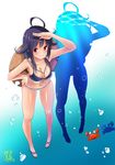  2017 bikini breasts cleavage crab dated hair_flaps hat highres kantai_collection large_breasts leaning_forward logo looking_at_viewer low_twintails miokikoeru purple_hair red_eyes sandals silhouette solo sun_hat swimsuit taigei_(kantai_collection) twintails 
