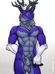  2016 animal_genitalia antlers balls black_fingers cervine fur horn male mammal muscular pecs purple_eyes purple_fur sheath smile smirk teal_cock tsaiwolf 