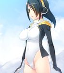  black_hair black_jacket breasts brown_eyes covered_navel cowboy_shot d: emperor_penguin_(kemono_friends) from_side hair_over_one_eye headphones highleg highleg_leotard impossible_clothes impossible_leotard jacket kemono_friends leotard long_hair multicolored_hair open_clothes open_jacket open_mouth partially_visible_vulva solo standing thighhighs totokichi white_legwear white_leotard 
