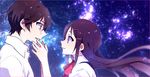  1girl aiwm brother_and_sister brown_hair charlotte_(anime) closed_mouth crying family hair_ornament hairclip long_hair looking_at_another open_mouth otosaka_ayumi otosaka_yuu portrait purple_eyes shirt short_hair siblings space white_shirt 
