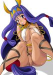  bangs beads blunt_bangs blush body_jewelry breasts cleavage commentary_request covering covering_crotch dark_skin egyptian egyptian_clothes facial_mark fate/grand_order fate_(series) hair_tubes hairband jewelry large_breasts legs_up long_hair looking_at_viewer low-tied_long_hair nitocris_(fate/grand_order) no_panties open_mouth purple_eyes purple_hair revealing_clothes sitting solo very_long_hair yukiyanagi 