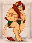  anthro apes beard clothed clothing facial_hair fangs feline fur hair kilt lion looking_at_viewer male mammal muscular nipples smile solo teeth topless 