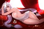  animal_ears backless_dress backless_outfit bare_back bare_shoulders blush breasts candle character_request dress grey_sweater hair_ornament large_breasts long_hair looking_at_viewer lying meme_attire naked_sweater open_mouth phonic red_eyes shiny shiny_skin sideboob silver_hair solo sweater twisted_torso virgin_killer_sweater 