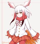  bird_tail disco_brando eighth_note eyebrows_visible_through_hair head_wings highres japanese_crested_ibis_(kemono_friends) kemono_friends long_sleeves looking_at_viewer multicolored_hair musical_note pantyhose red_hair red_legwear red_ribbon ribbon solo tail thighhighs white_hair wings yellow_eyes 